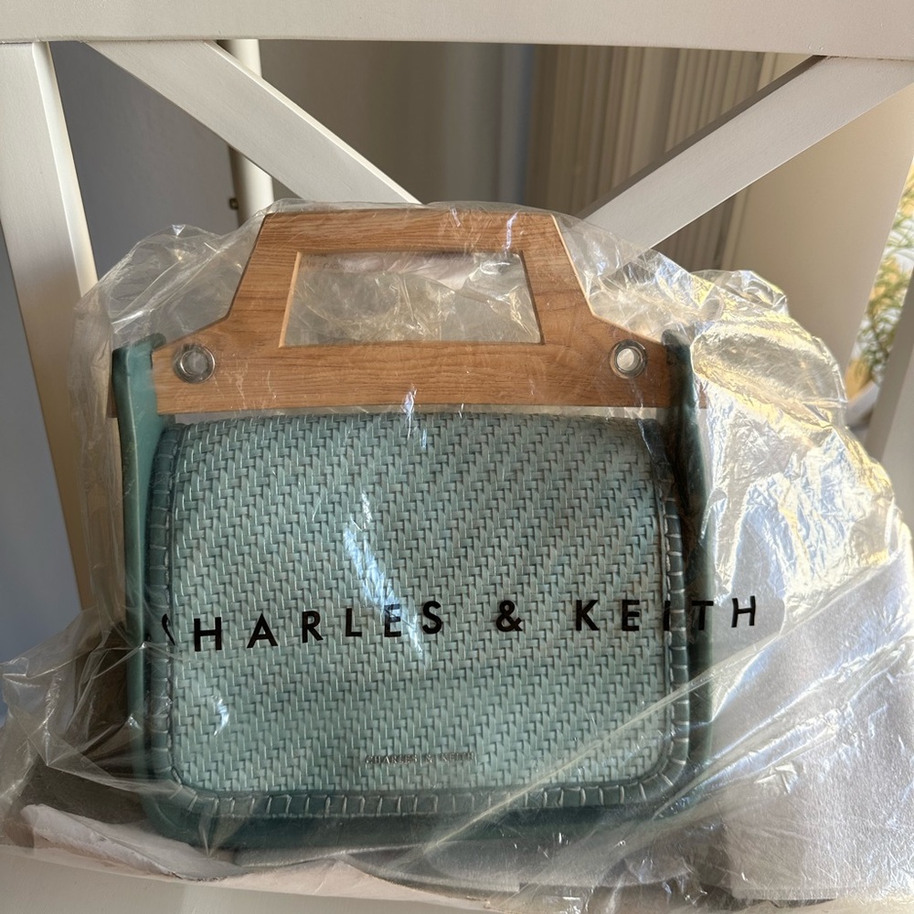 *SOLD* NWOT Charles & Keith Woven Wood Effect Top Handle Crossbody Bag MintGreen - Picture 2 of 16